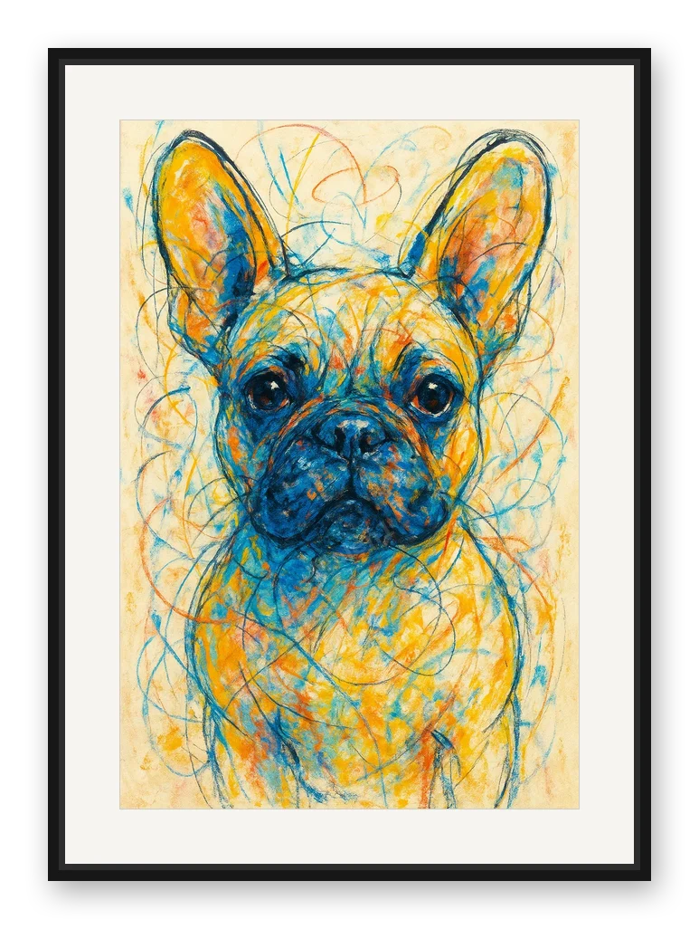 Bulldogge · Gestische Abstraktion als Posterdruck im Raum