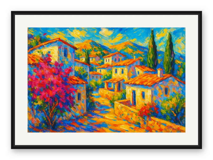 Dorf mit Bougainvillea als Posterdruck im Raum