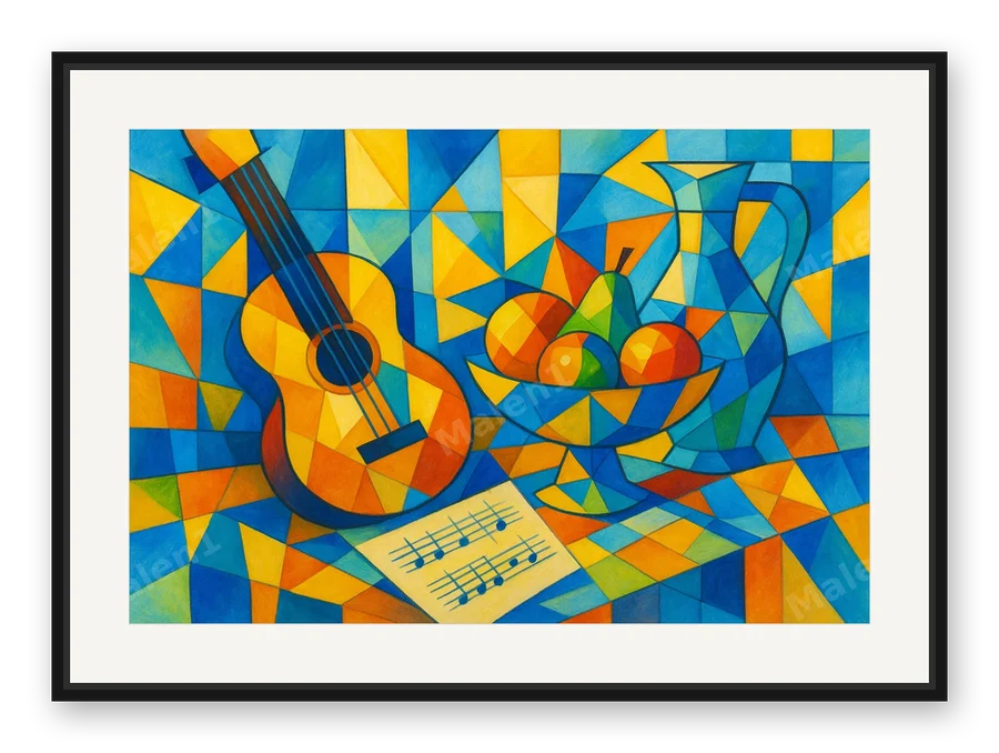 Gitarre und Früchte als Posterdruck im Raum