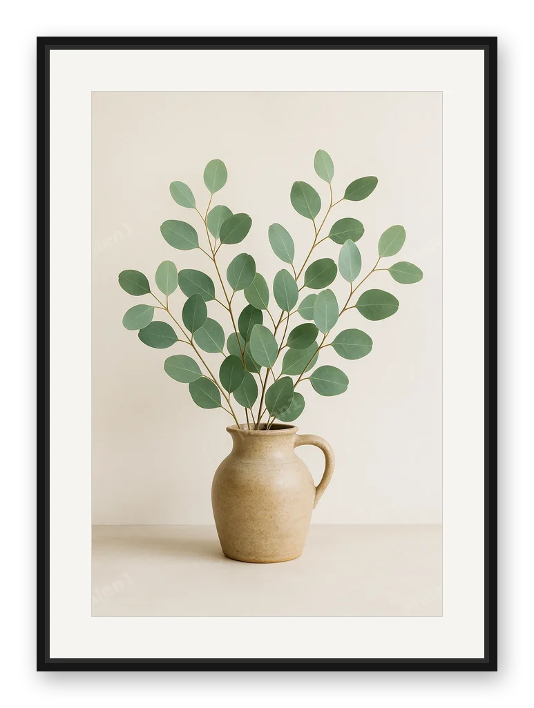 Eukalyptus im Steinkrug als Posterdruck im Raum
