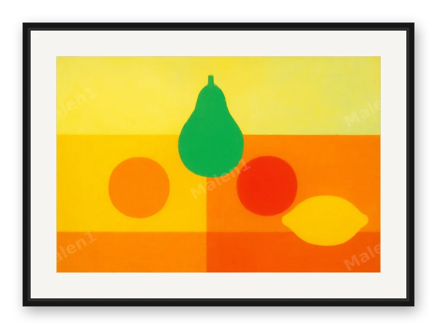Obst in Farbfeldern als Posterdruck im Raum