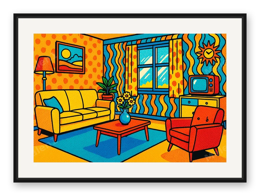 Buntes Retro-Zimmer als Posterdruck im Raum