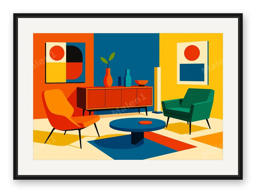 Mid-Century Wohnzimmer als Posterdruck im Raum