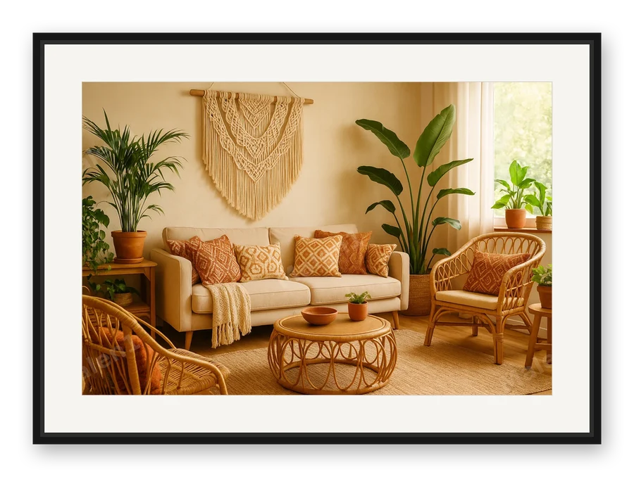 Boho-Wohnzimmer als Posterdruck im Raum