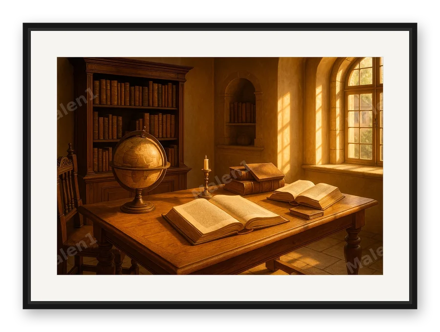 Studierzimmer mit Globus als Posterdruck im Raum