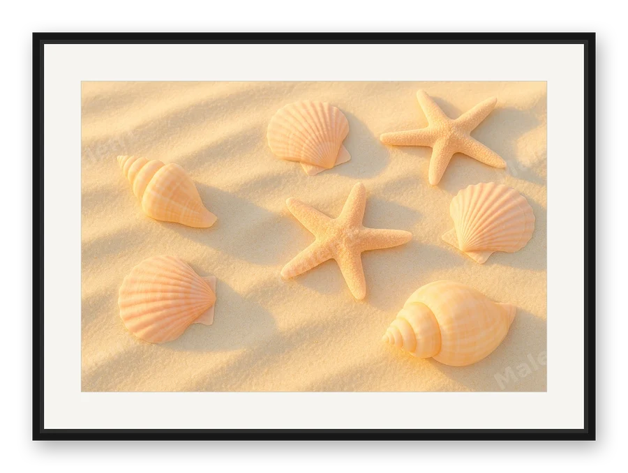 Muscheln im Sand als Posterdruck im Raum